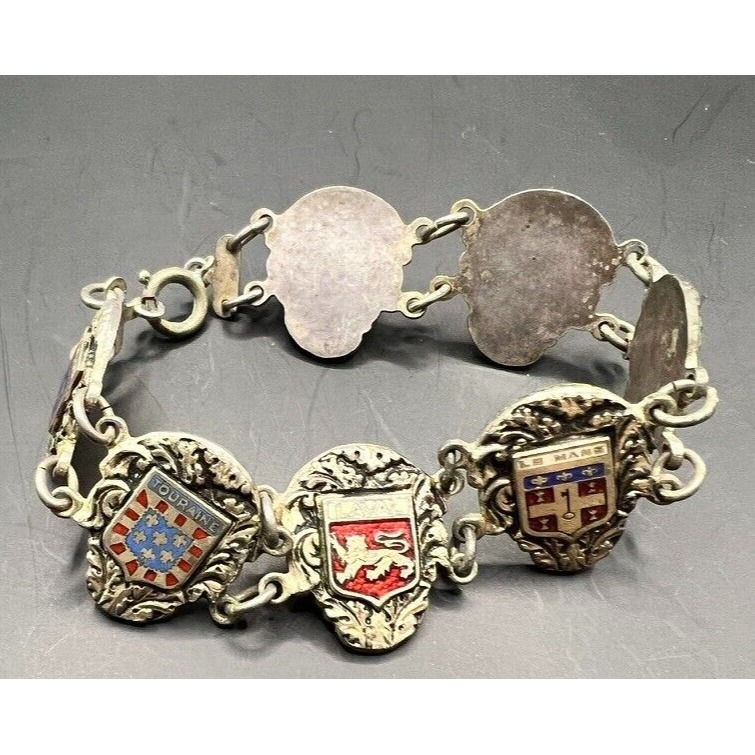Vintage French Heraldic Souvenir Bracelet Ar Lyons Sterling Silver Enamel Shield